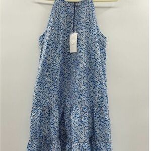 Tuckernuck Women's Cornflower Swing Dress Blue Sleeveless Floral Tiered Mini L